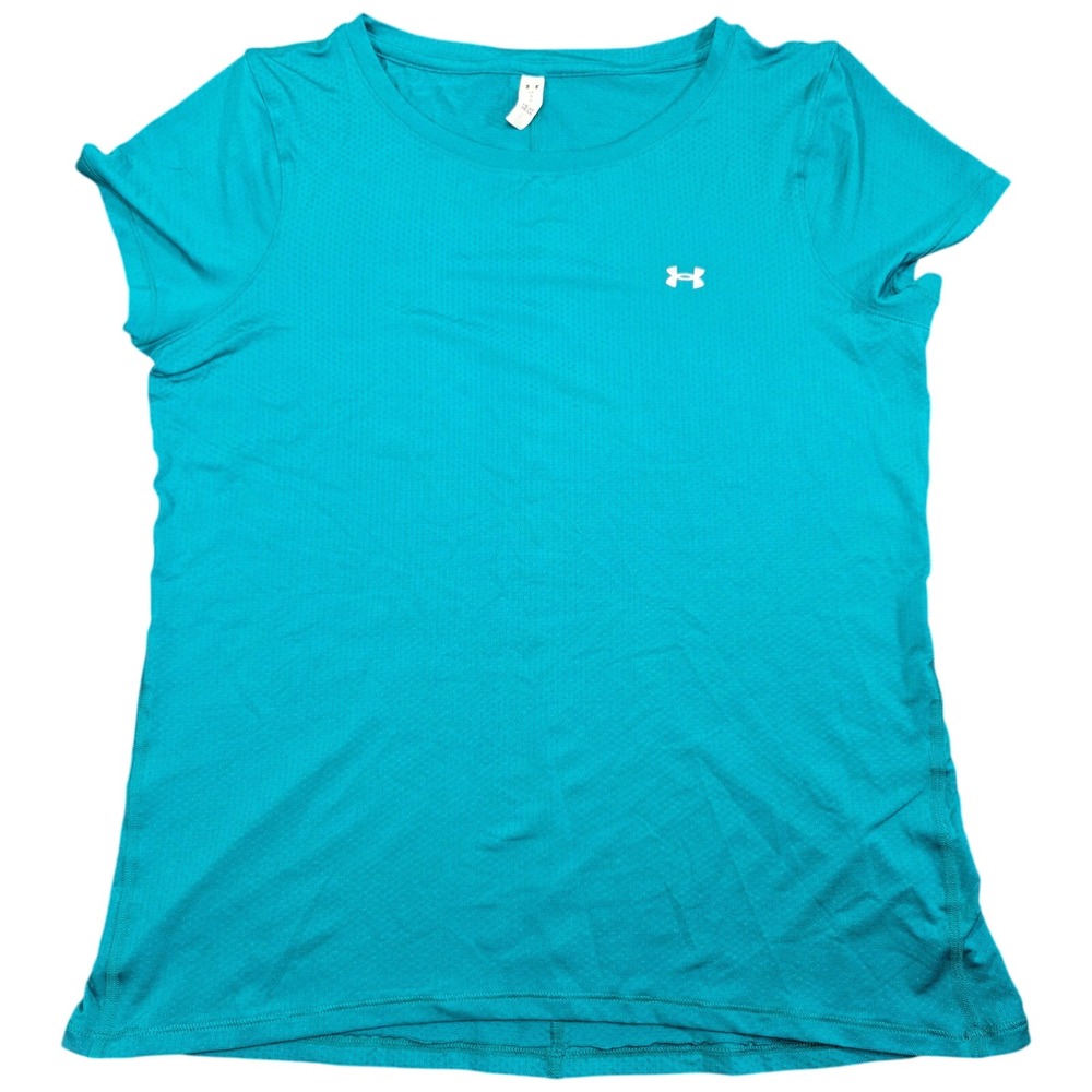 Under Armour Heat Gear Womens Teal Blue Mesh Fitted Short Sleeve Workout Shirt L